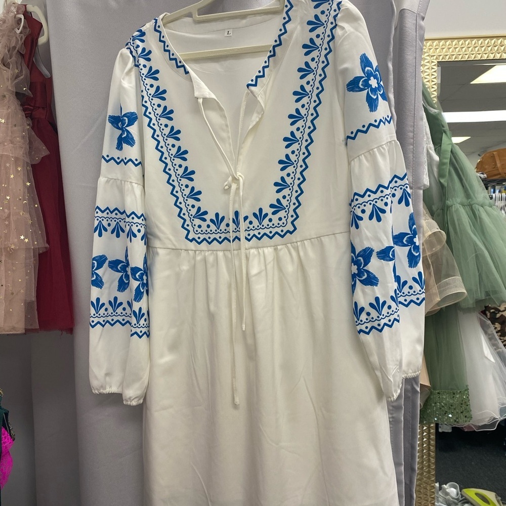 Embroidered White and Blue Dress
